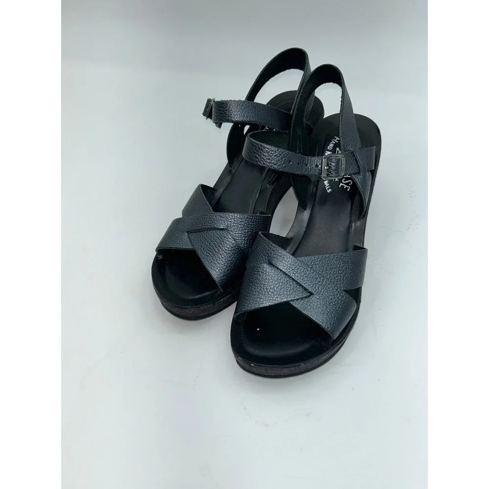 Kork-Ease Black Leather Wedge Sandals Size 6 Adjustable Ankle Strap made Brazil